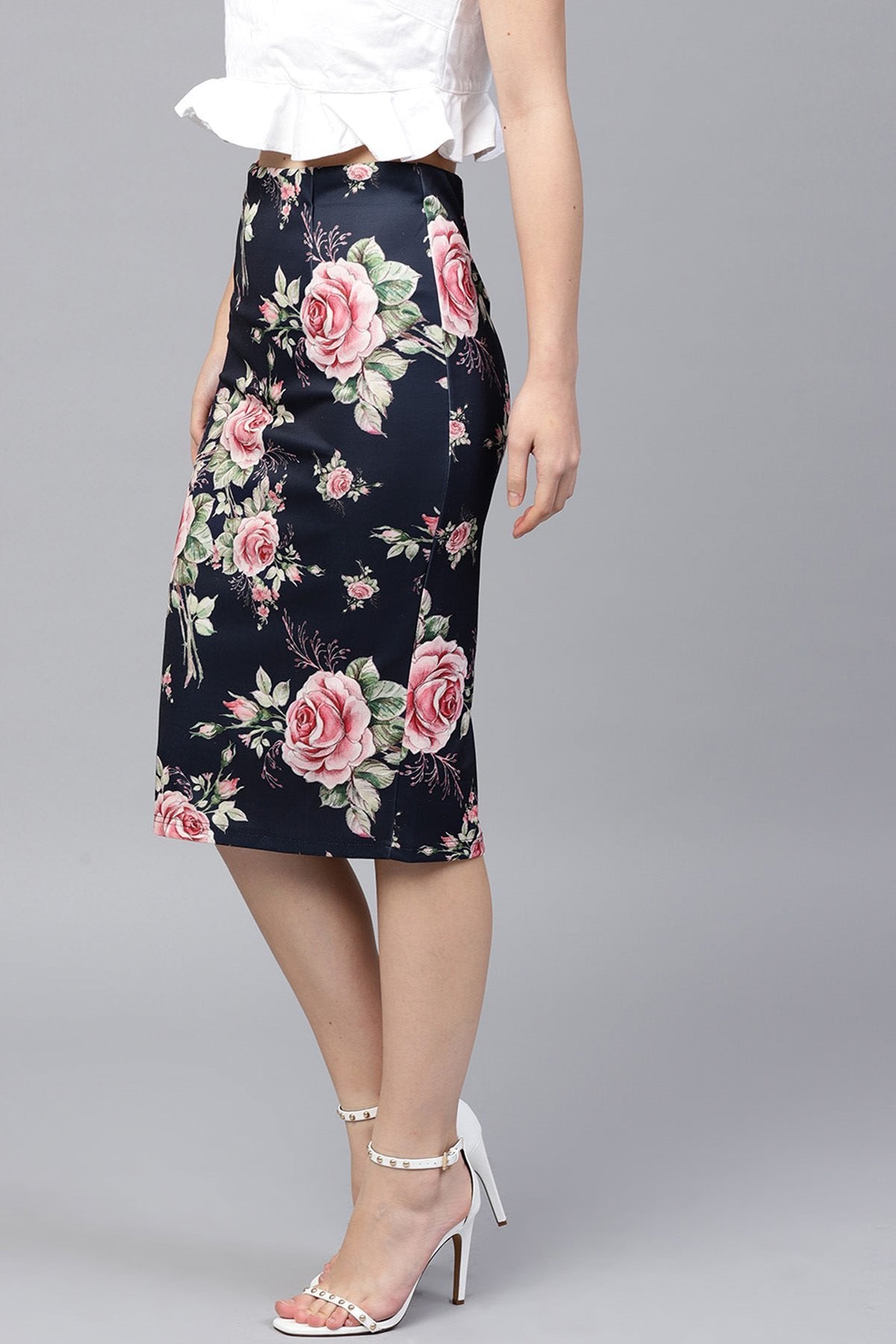 Women's Blue Floral Scuba Pencil Skirt