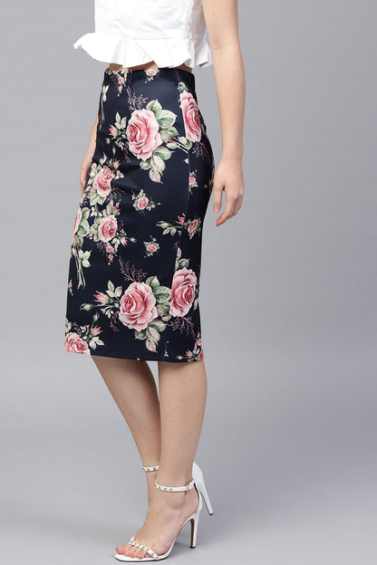 Women's Blue Floral Scuba Pencil Skirt