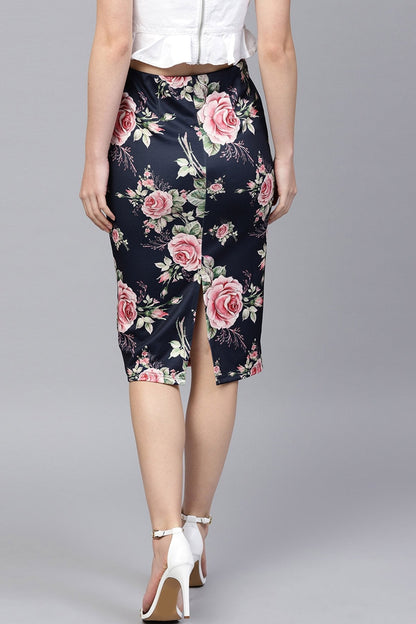 Women's Blue Floral Scuba Pencil Skirt