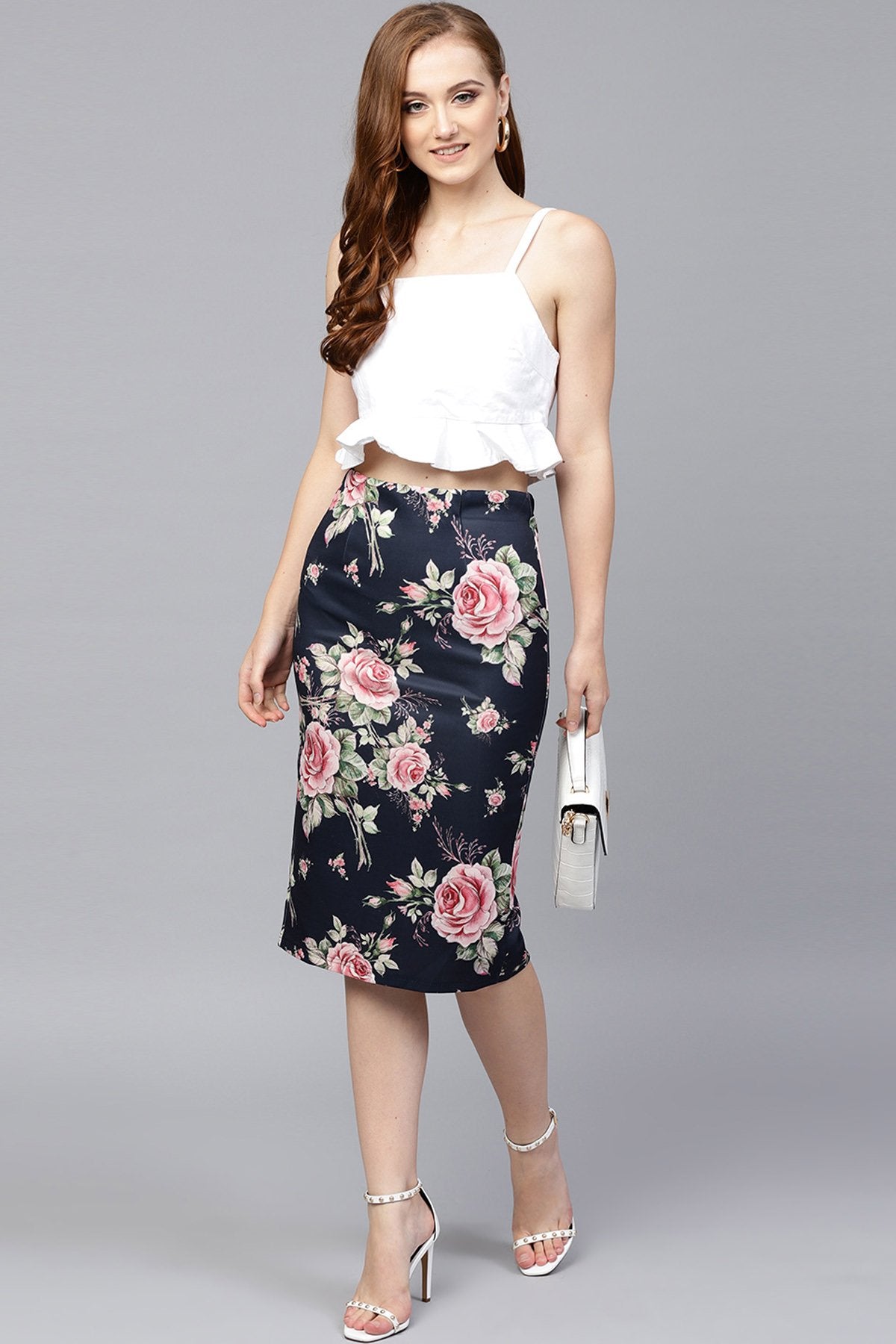Women's Blue Floral Scuba Pencil Skirt