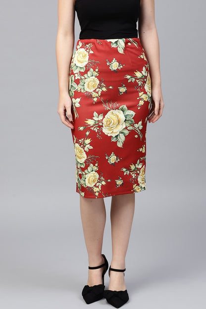 Women's Red Floral Scuba Pencil Skirt