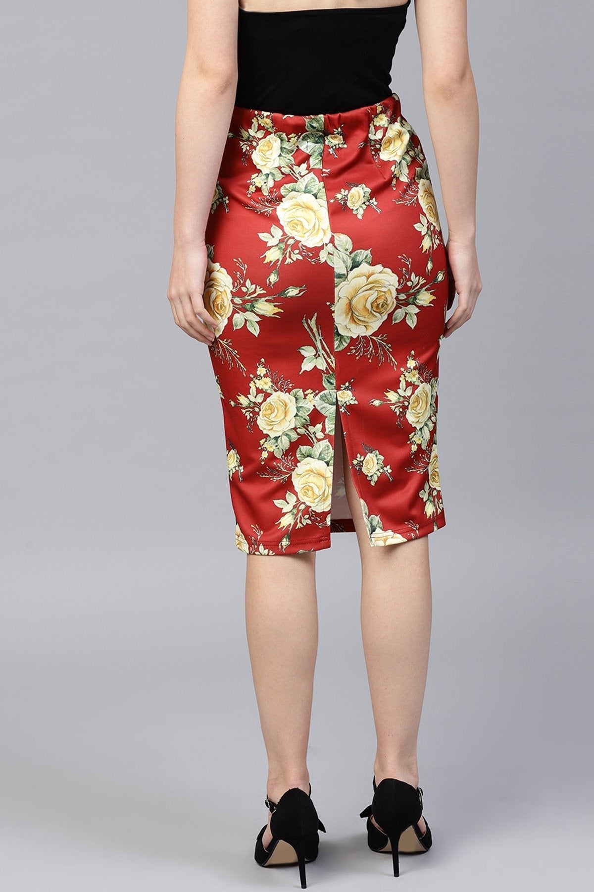 Women's Red Floral Scuba Pencil Skirt