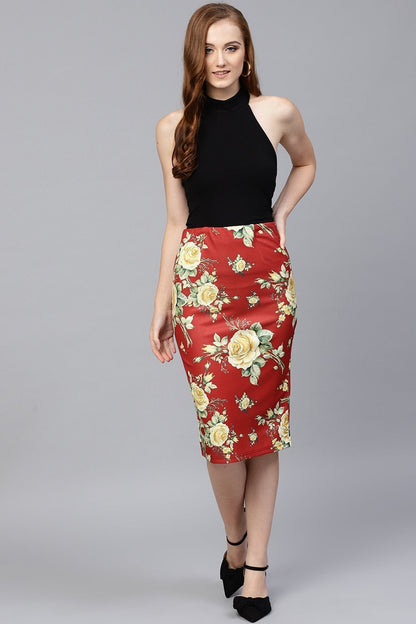 Women's Red Floral Scuba Pencil Skirt