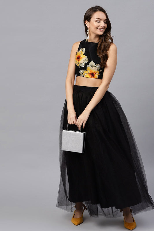 Women's Black Mesh Flared Maxi Skirt