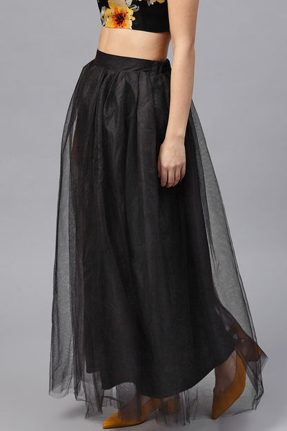 Women's Black Mesh Flared Maxi Skirt