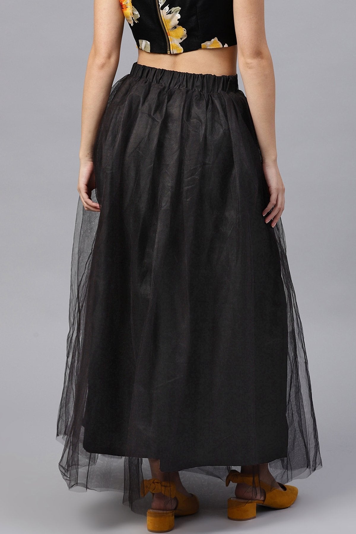 Women's Black Mesh Flared Maxi Skirt