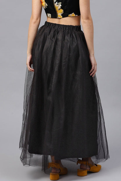 Women's Black Mesh Flared Maxi Skirt