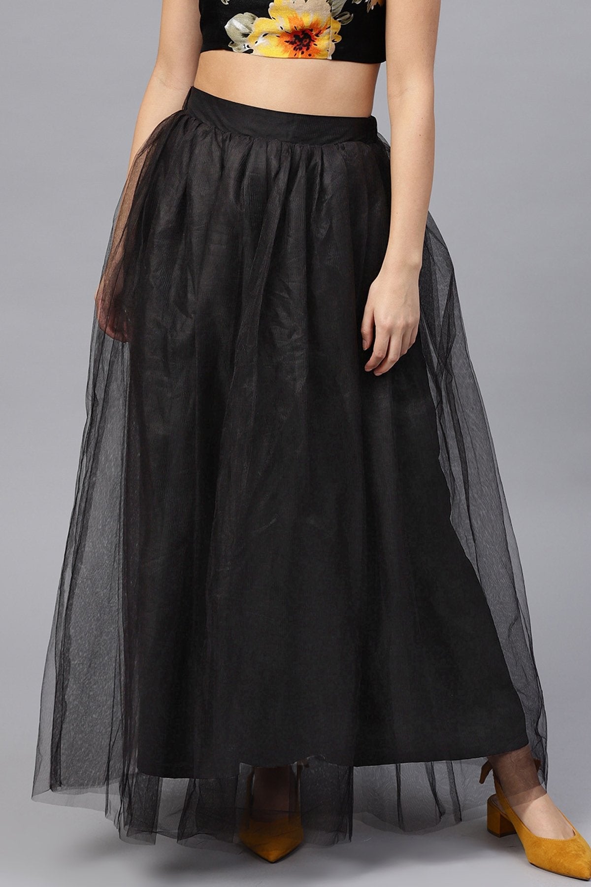 Women's Black Mesh Flared Maxi Skirt