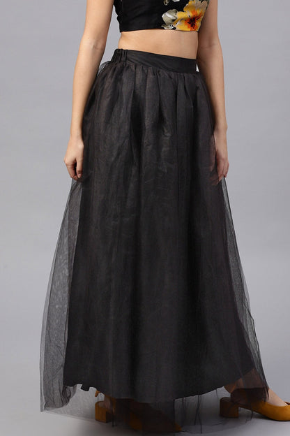 Women's Black Mesh Flared Maxi Skirt
