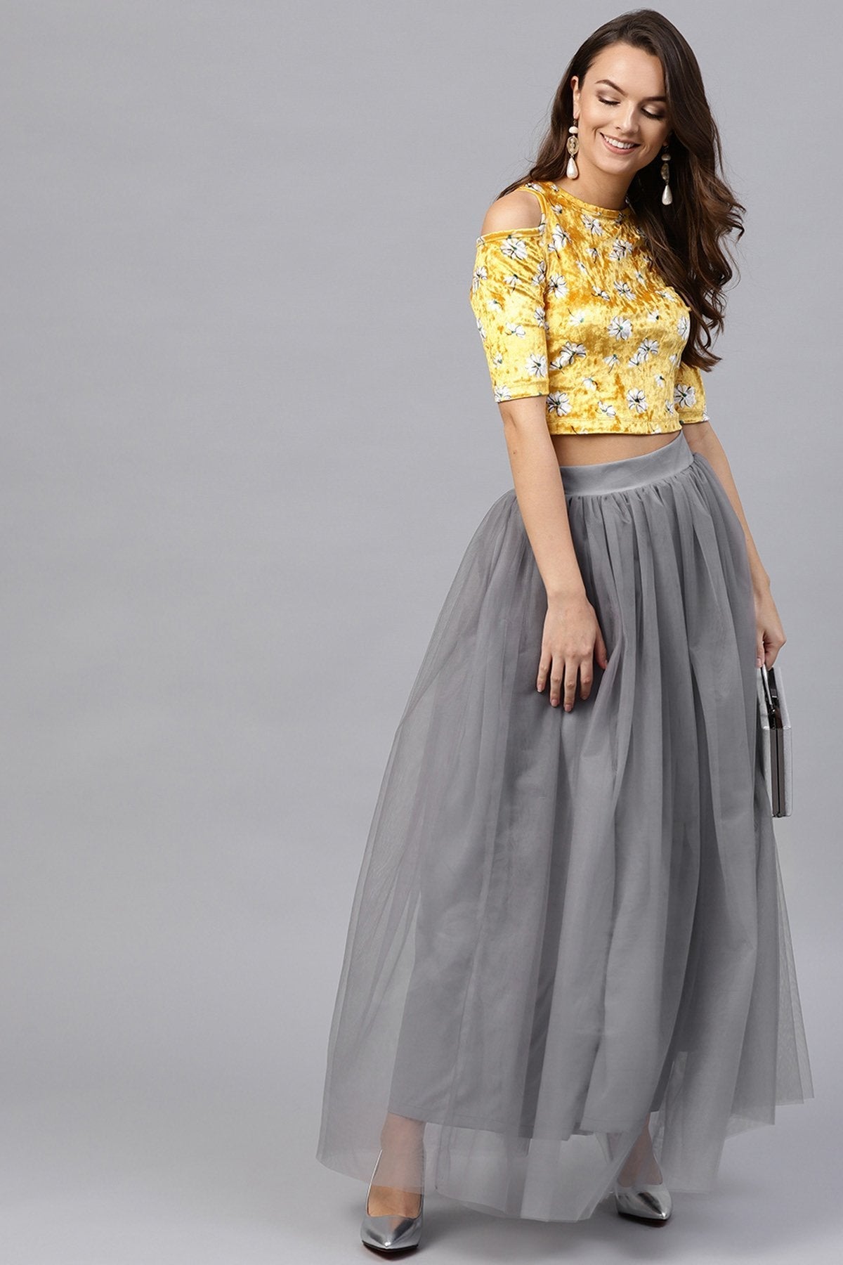 Women's Grey Mesh Flared Maxi Skirt