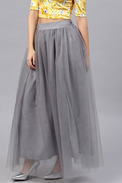 Women's Grey Mesh Flared Maxi Skirt