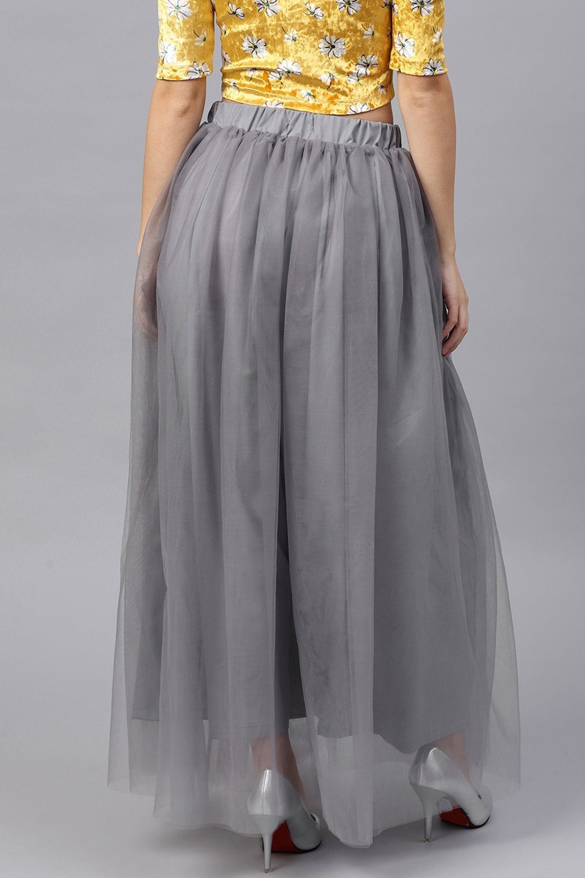 Women's Grey Mesh Flared Maxi Skirt