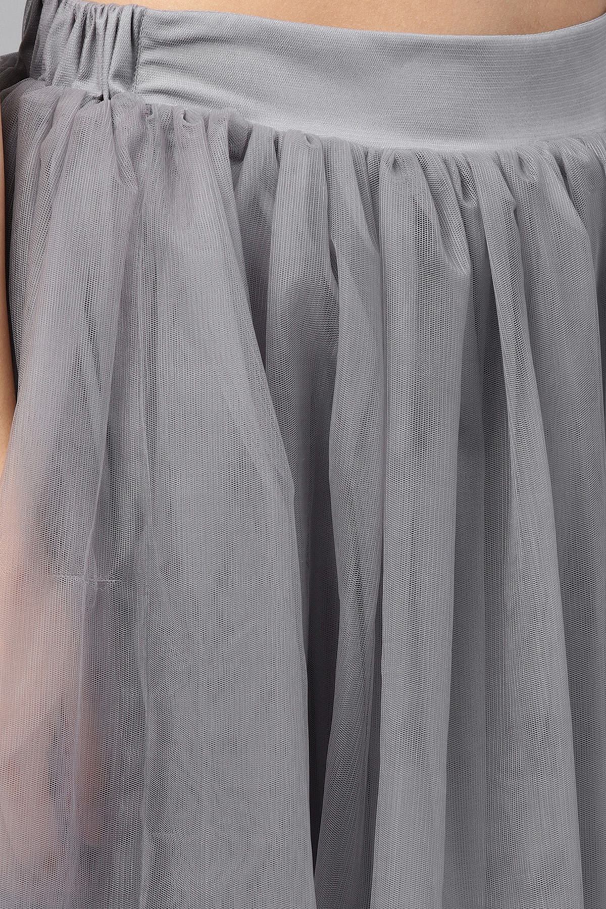 Women's Grey Mesh Flared Maxi Skirt