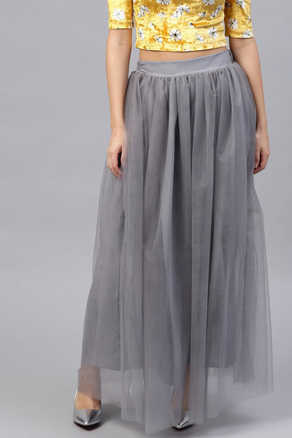 Women's Grey Mesh Flared Maxi Skirt