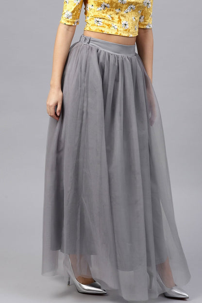 Women's Grey Mesh Flared Maxi Skirt