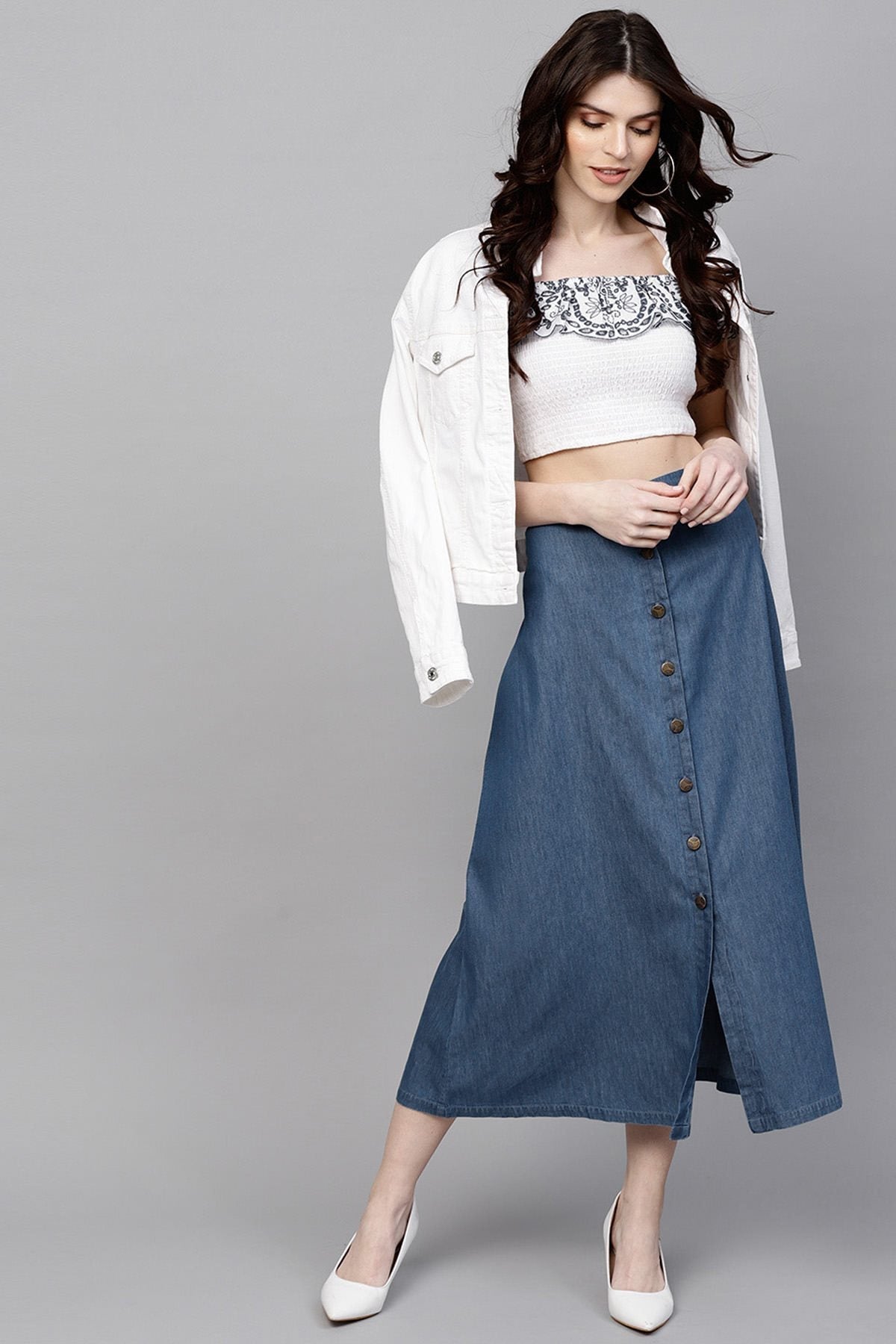 Women's Blue Denim Longline Buttoned Skirt