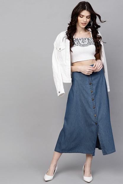 Women's Blue Denim Longline Buttoned Skirt
