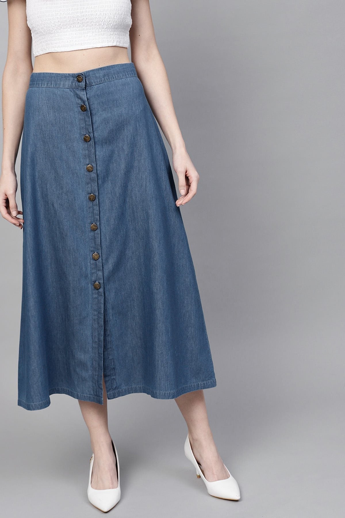 Women's Blue Denim Longline Buttoned Skirt