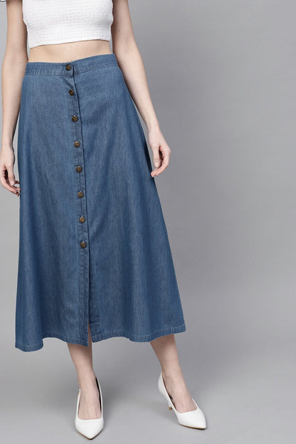 Women's Blue Denim Longline Buttoned Skirt