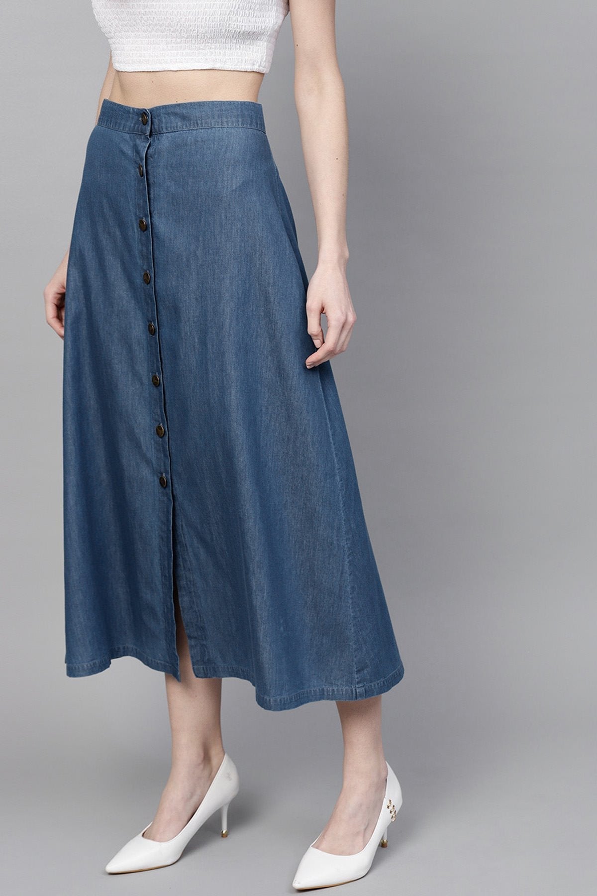 Women's Blue Denim Longline Buttoned Skirt