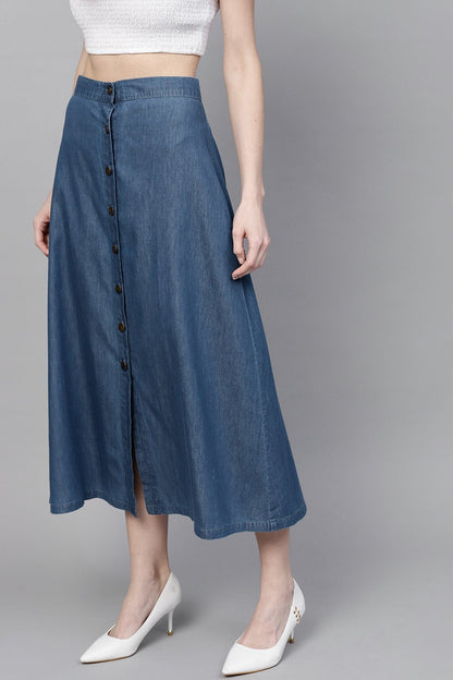 Women's Blue Denim Longline Buttoned Skirt