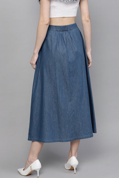 Women's Blue Denim Longline Buttoned Skirt