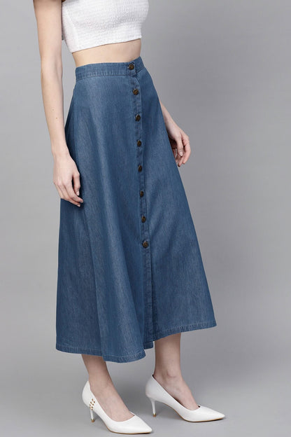 Women's Blue Denim Longline Buttoned Skirt