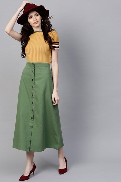 Women's Olive Denim Longline Buttoned Skirt