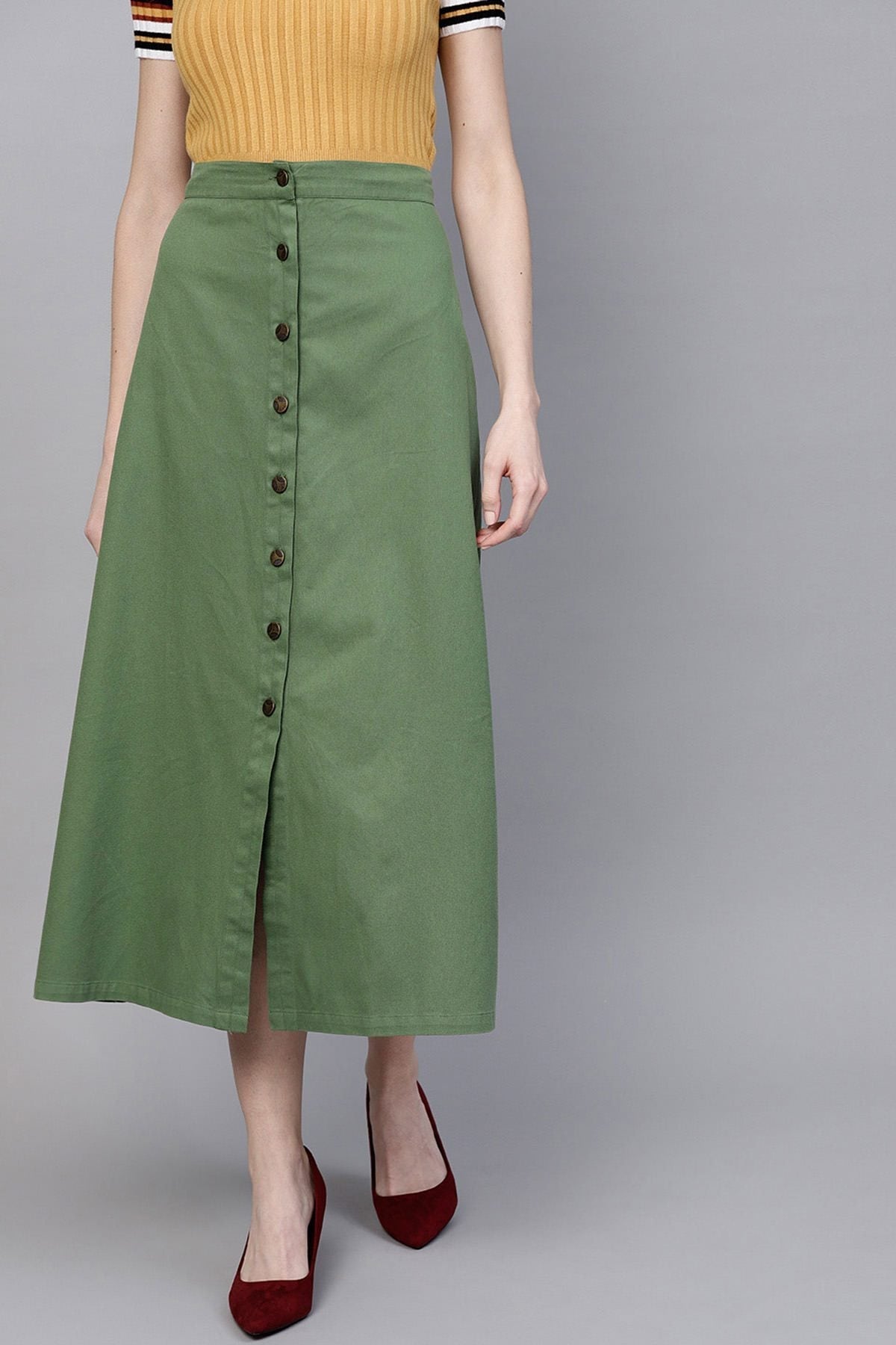 Women's Olive Denim Longline Buttoned Skirt