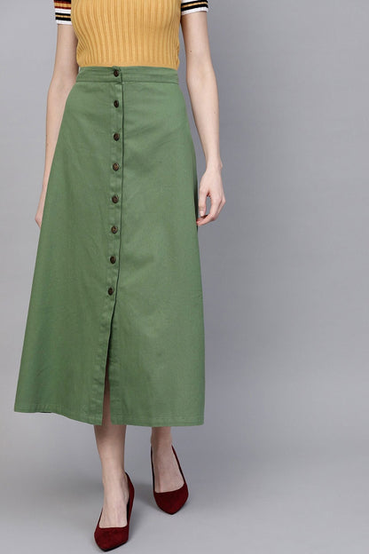 Women's Olive Denim Longline Buttoned Skirt