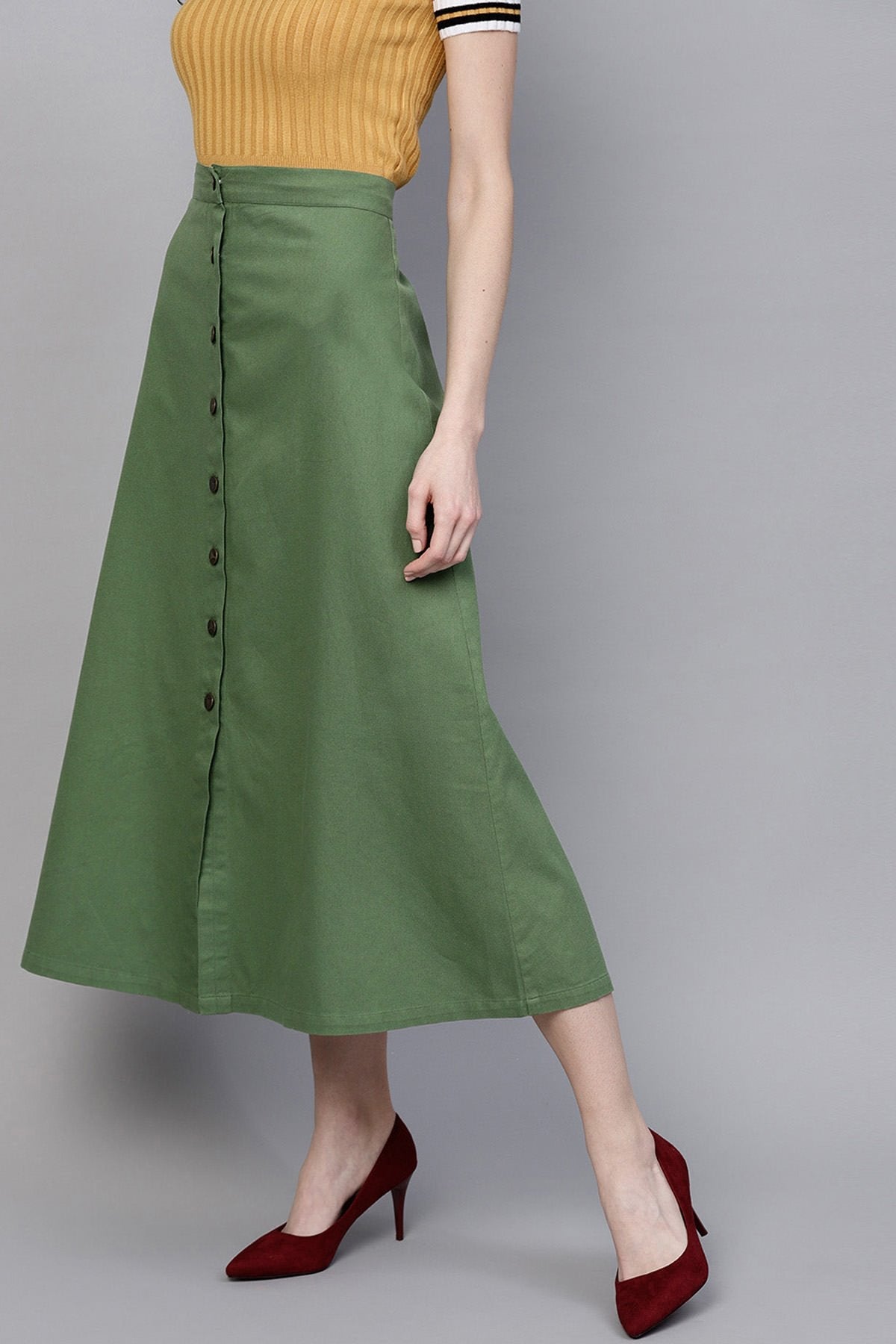 Women's Olive Denim Longline Buttoned Skirt