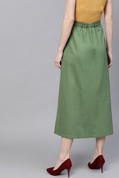 Women's Olive Denim Longline Buttoned Skirt