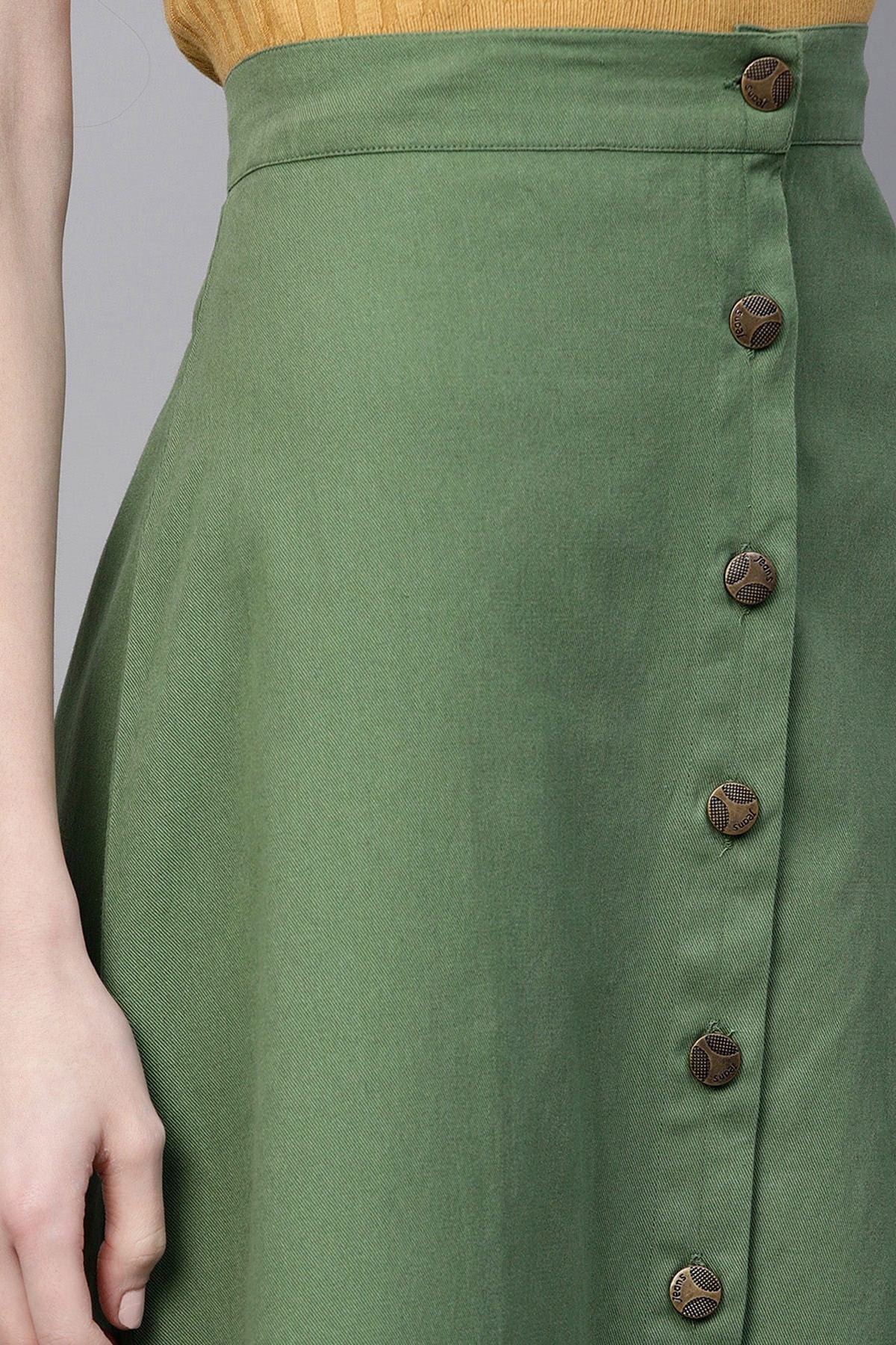 Women's Olive Denim Longline Buttoned Skirt