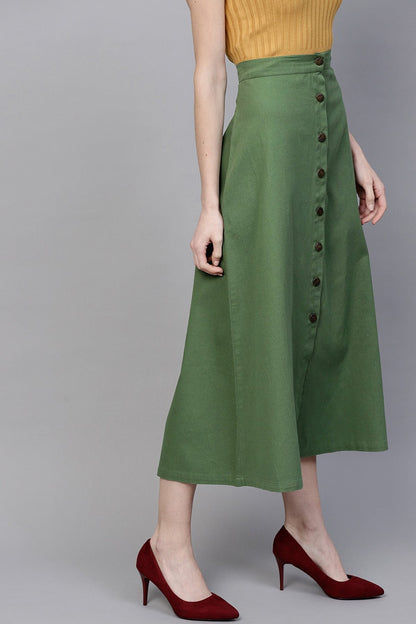 Women's Olive Denim Longline Buttoned Skirt