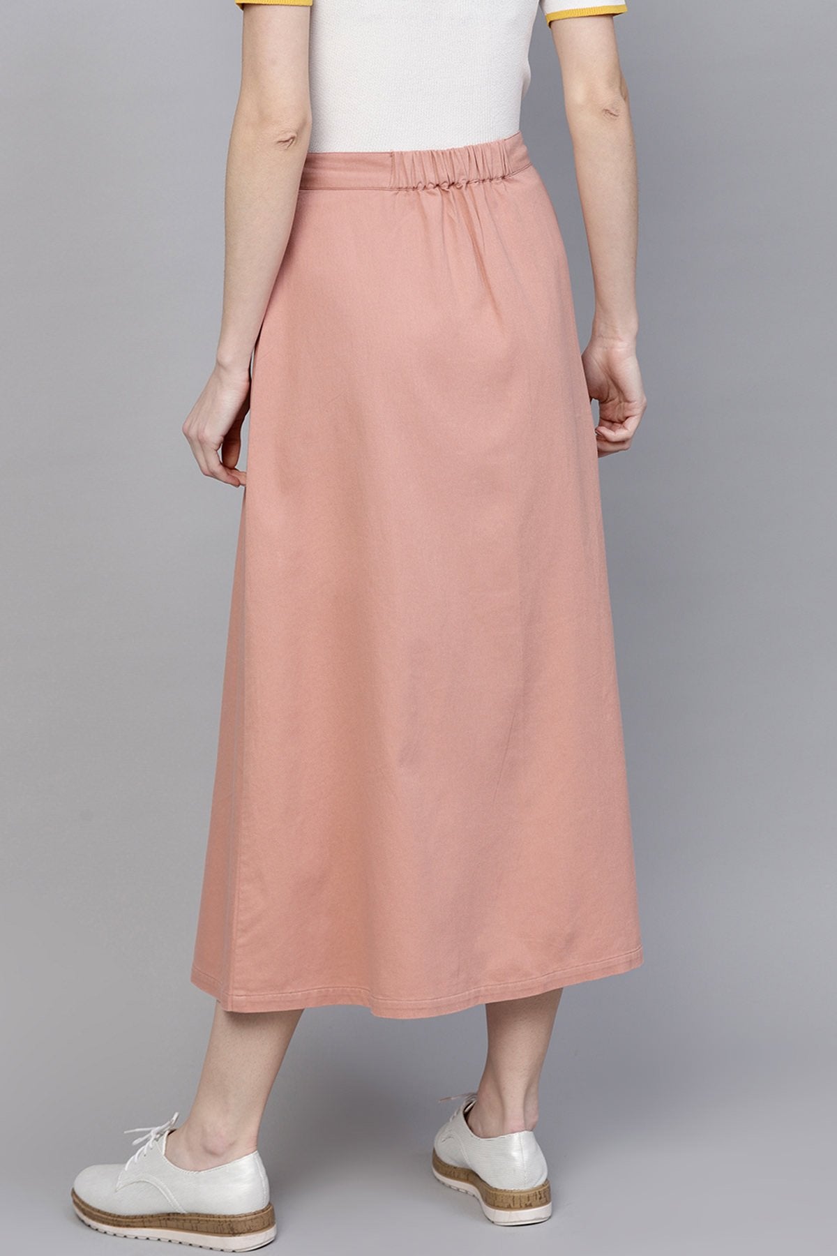 Women's Pink Denim Longline Buttoned Skirt