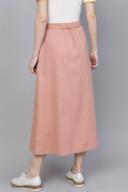 Women's Pink Denim Longline Buttoned Skirt