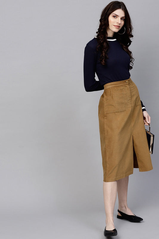 Women's Brown Front Slit Corduroy Midi Skirt
