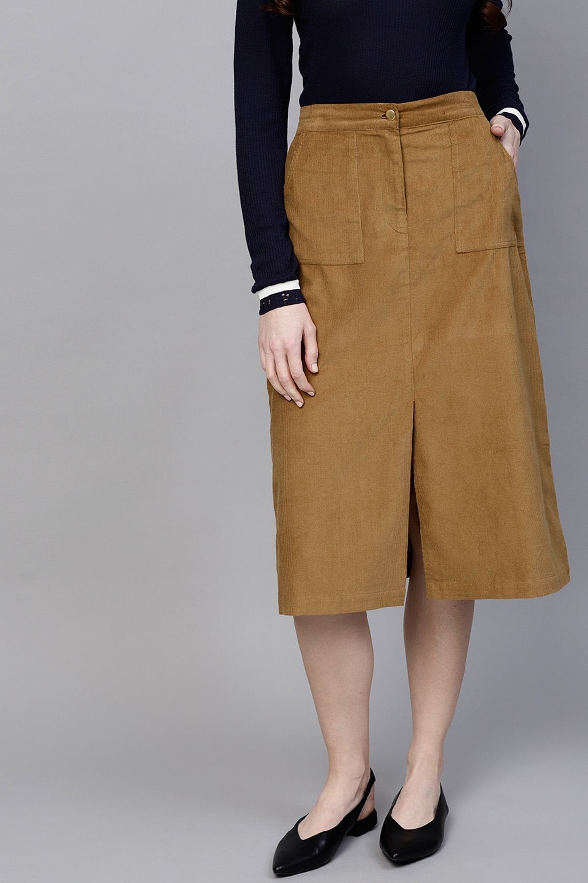 Women's Brown Front Slit Corduroy Midi Skirt