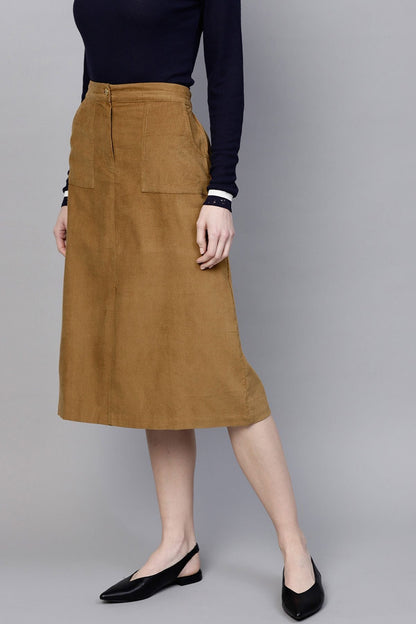 Women's Brown Front Slit Corduroy Midi Skirt