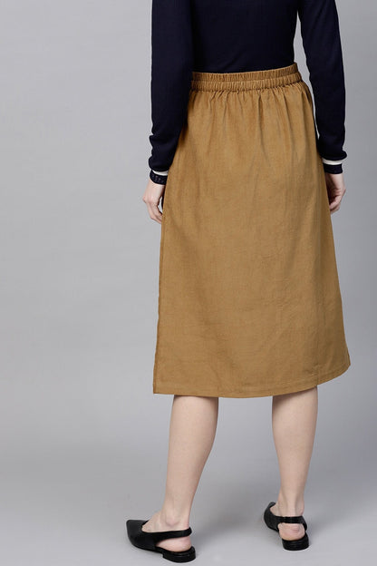 Women's Brown Front Slit Corduroy Midi Skirt