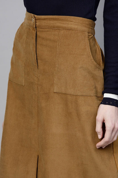 Women's Brown Front Slit Corduroy Midi Skirt