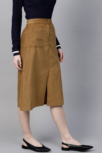 Women's Brown Front Slit Corduroy Midi Skirt