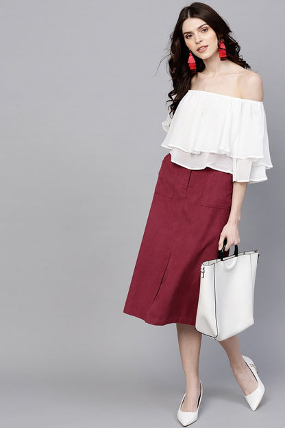 Women's Maroon Front Slit Corduroy Midi Skirt