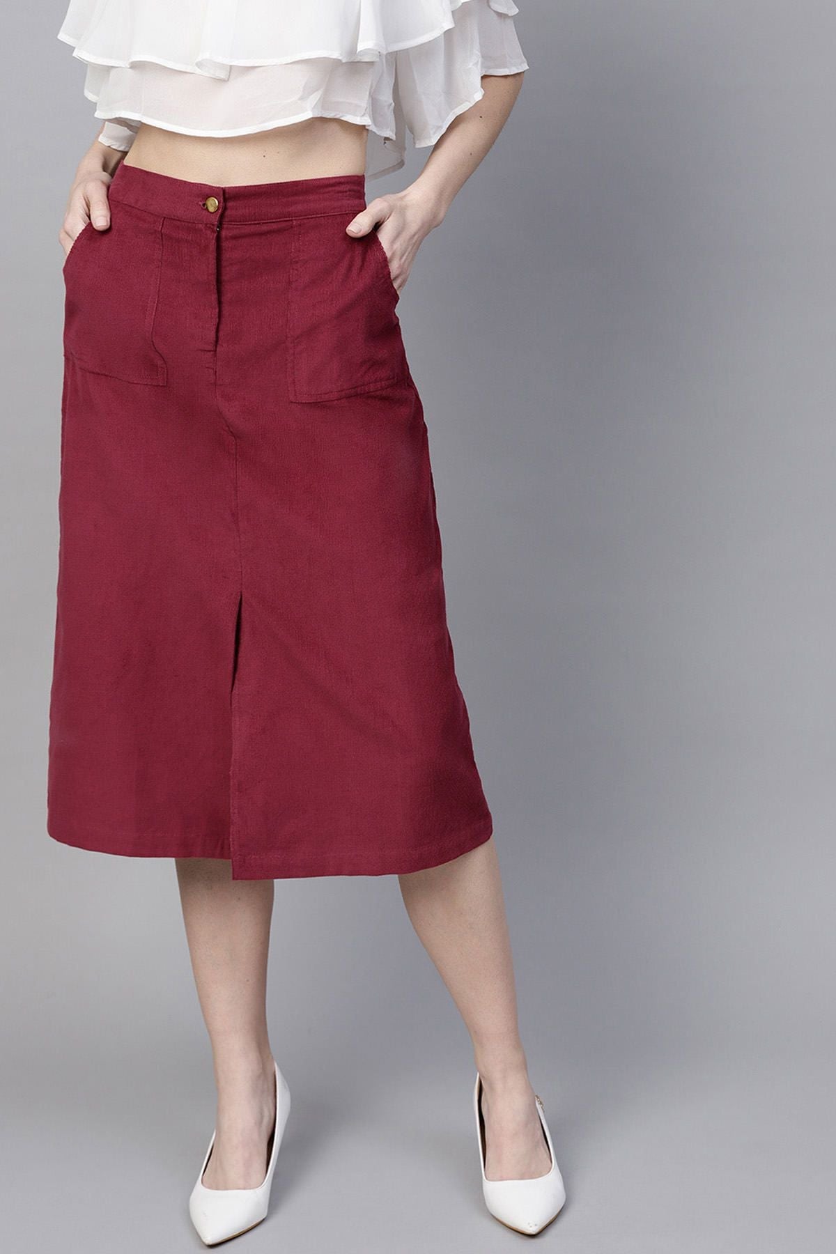 Women's Maroon Front Slit Corduroy Midi Skirt