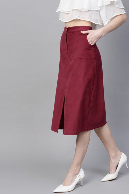 Women's Maroon Front Slit Corduroy Midi Skirt