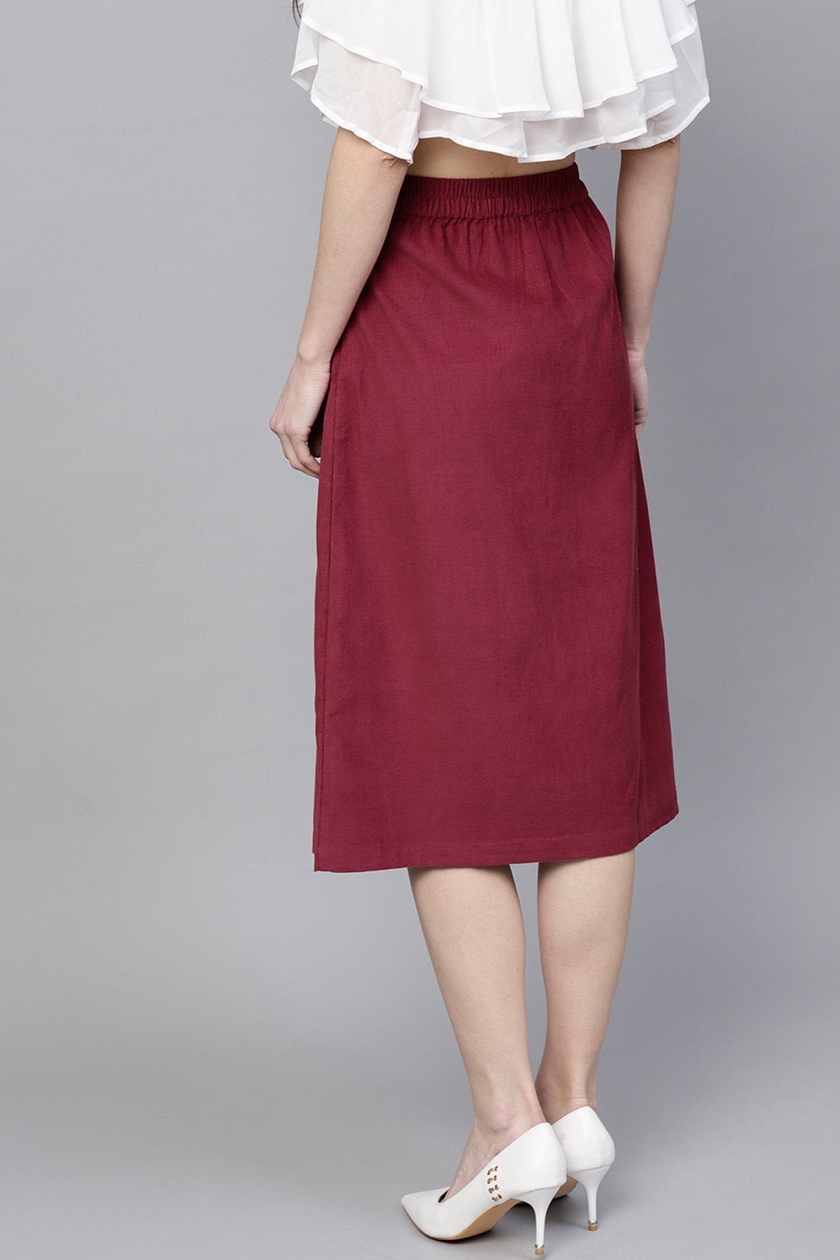 Women's Maroon Front Slit Corduroy Midi Skirt