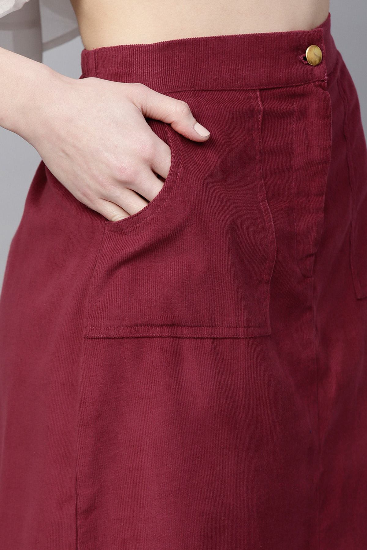 Women's Maroon Front Slit Corduroy Midi Skirt