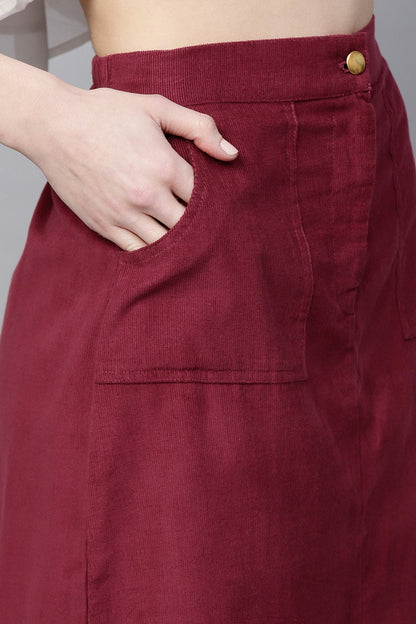 Women's Maroon Front Slit Corduroy Midi Skirt