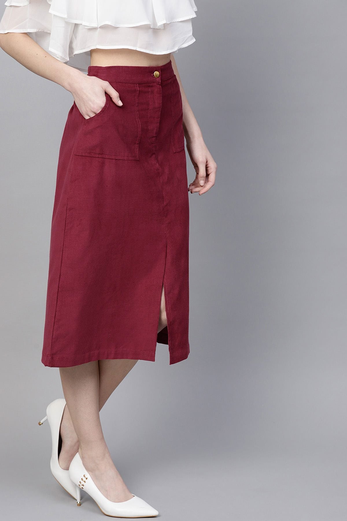 Women's Maroon Front Slit Corduroy Midi Skirt