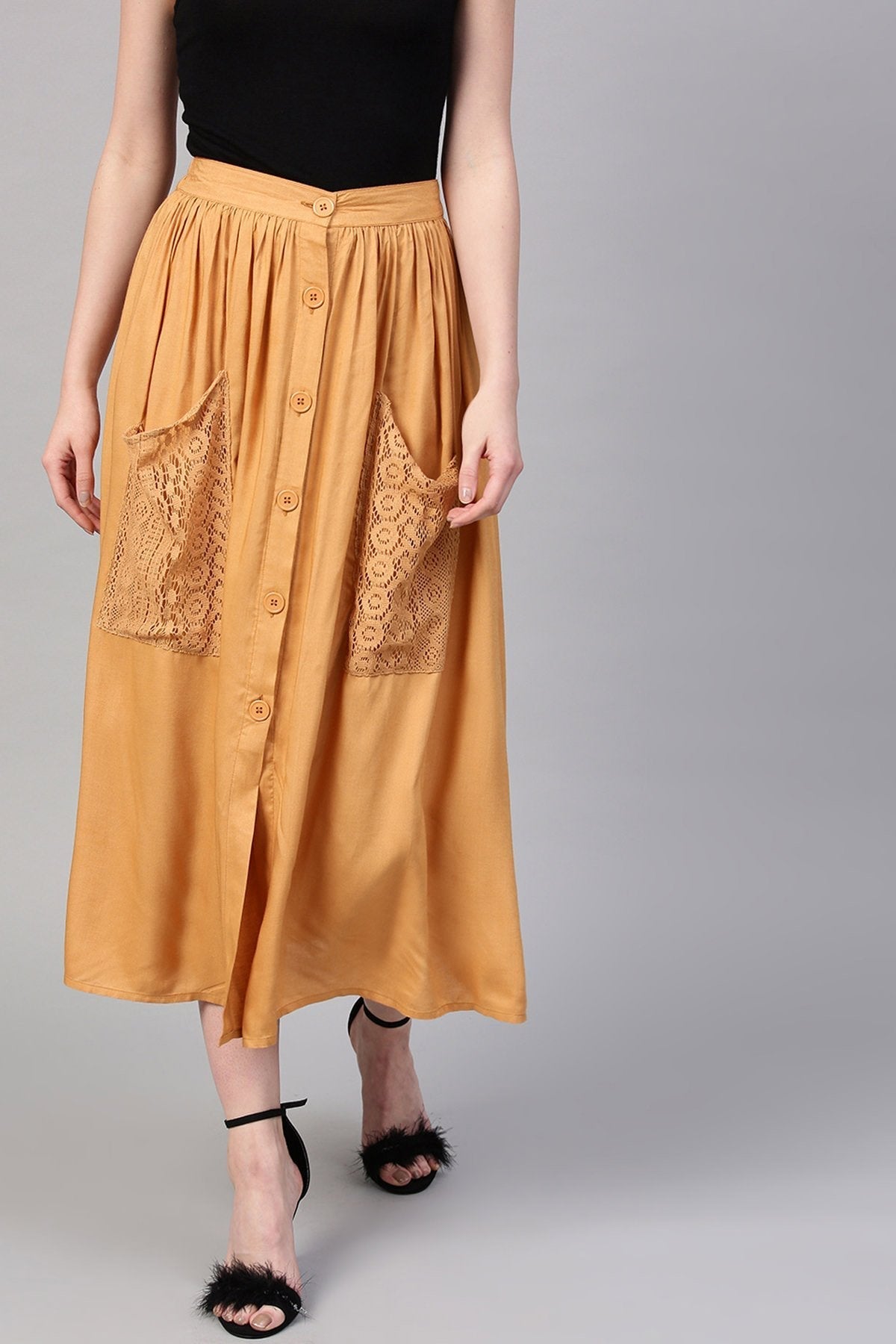 Women's Brown A-Line Lace Pockets Skirt
